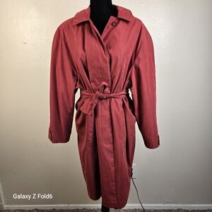 London Fog XL Red Belted Hooded Trench Coat Water Resistant‎ Classic Rain Jacket